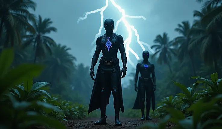 ((Tora sudiro (2 man) wearing a futuristic costume with dark metallic touches, equipped with a striking lightning accent, aerodynamic armor)), standing in the pouring rain, lightning strikes background, Dark and windy tropical forest. masterpiece, realisti...