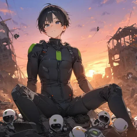 score_9, score_8_up, score_7_up, score_6_up, score_5_up, score_4_up, masterpiece, best quality, source_anime,2D、flat、1man, Man in black pilot suit、Black Hair、baby bangs、Freckles、Machine Ruins、Sunset、sit
