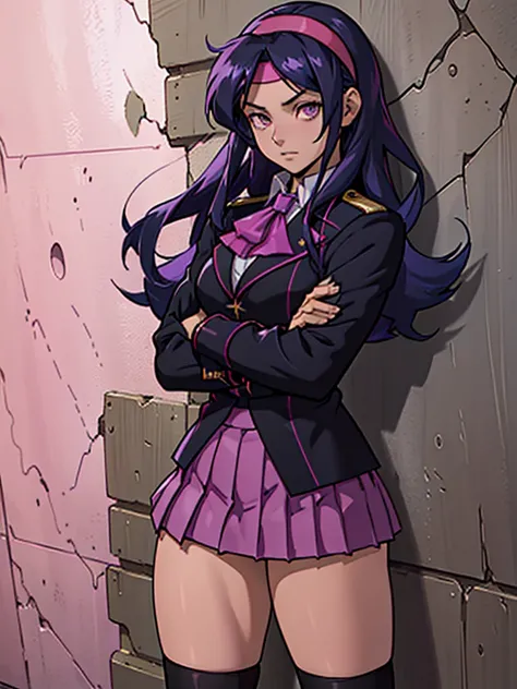 Athena Asamiya，((Beautiful purple long hair，Red headband))，(8k, anime style，Highest quality:1.75)，Beautiful Face，blue lips，Beautiful and detailed hair，Charm，Intricate details，Very beautiful and detailed eyes，(black Blazer Uniform，Pleated mini skirt，pink Ti...