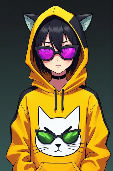 Create an image of a stylized character wearing a hoodie without cat ears. The hoodie should be yellow with black accents and feature a white graphic of a cats face on the front. The character is wearing sunglasses with reflective purple and green lenses. ...