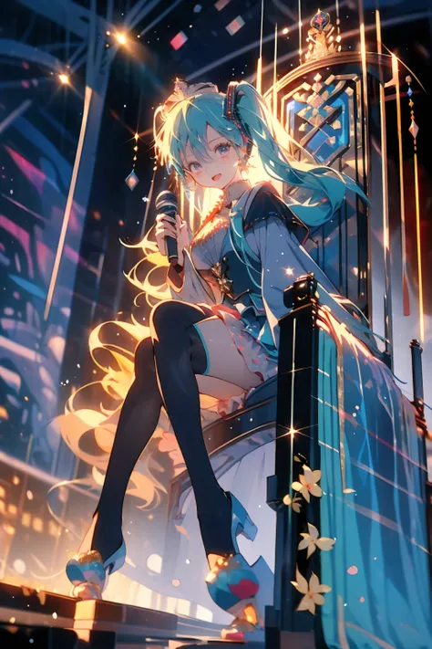 1girl, Hatsune Miku, princess outfit, crown, gold, ((throne)), in a castle, Middle Ages, wearing a blue vest, one foot on the ground, the other foot calf turned outward, one hand holding the microphone, the other hand across the eyes Biye, on the stage