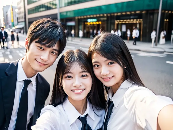 (A selfie photo of three Japanese worker), (all 20-years-old), ((men and women)), (standing closely), (In the city), (morning), (All smiling), (All looking at the viewer), best quality, masterpiece, (Wearing formal white office shirt), ((Double eyelids)), ...