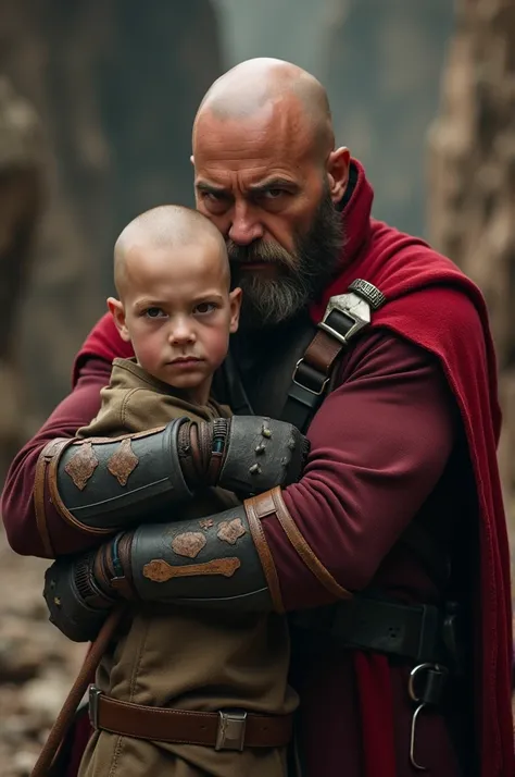 A bald and muscular Star Wars space pirate captures a  bald muscular boy