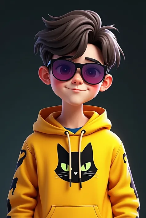 create an image of a stylized young boy character wearing a hoodie without cat ears. the hoodie should be yellow with black accents and feature a white graphic of a cat's face on the front. the character is wearing sunglasses with reflective purple and gre