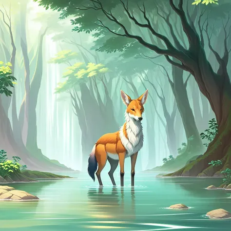 Create a soft, pastel colored illustration of a Maned Wolf - Chrysocyon brachyurus in a serene setting. The style should be characterized by smooth, continuous lines, rounded shapes and filling with solid and soft colors. The color palette should include s...