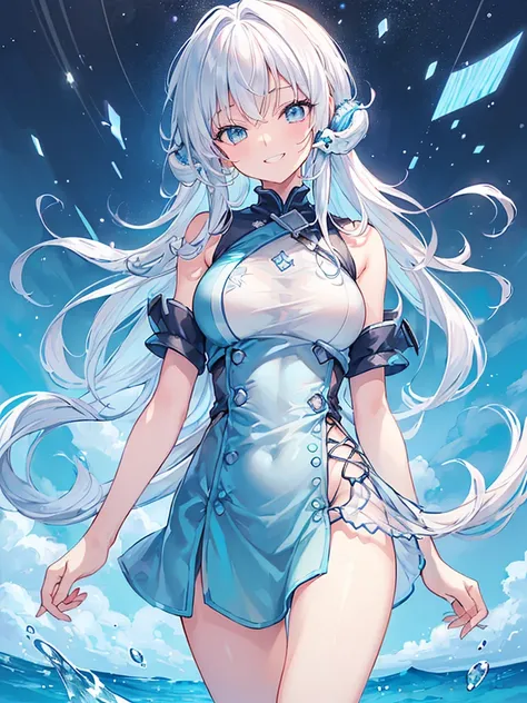 ((masterpiece)), ((Best Quality)), ((High resolution)), ((Highly detailed CG synthesis 8k wallpaper)), ((In the transparent sea:1.3)), ((Female Cartoon Character, White Hair, Light blue mesh, Cover your ears with hair, Smiling with teeth showing, Jagged te...