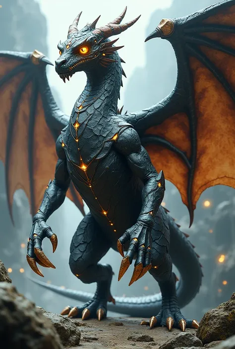 Body: imposing and robust, covered in dark stone scales with bright veins of precious minerals.

eyes: Golden and intense, conveying a sense of wisdom and power.

wings: Huge and imposing, looking like a mixture of rock and metal.

claws: sharp as blades, ...