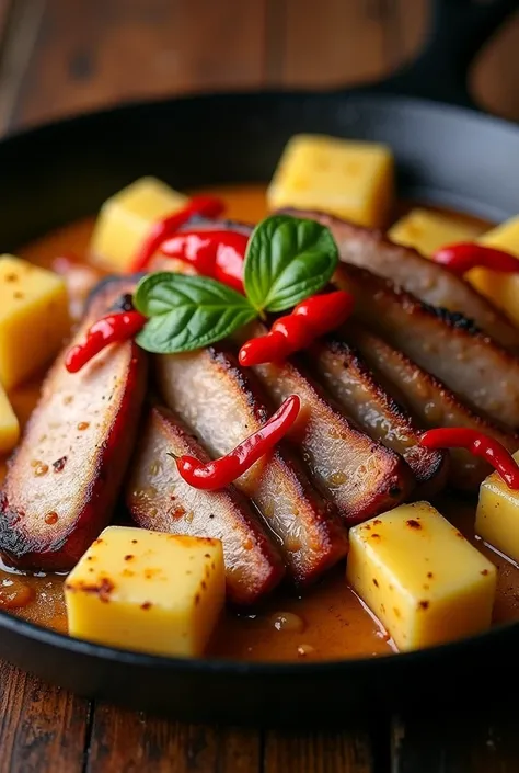 create a dish of strips of pork belly with cassava cooked in butter and biquinho pepper on a cast iron griddle