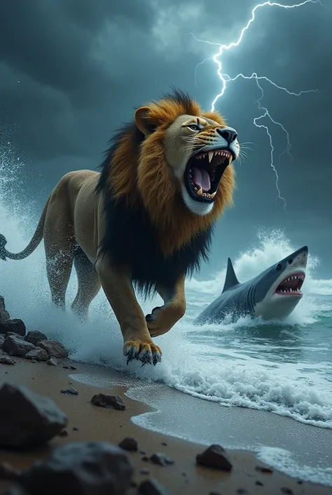 "Create a striking scene where a powerful lion roars as it walks along the edge of a stormy shoreline, while a massive shark swims just below the surface of the turbulent water beside it. The lion’s mane is soaked by the pouring rain, its fierce roar echoi...