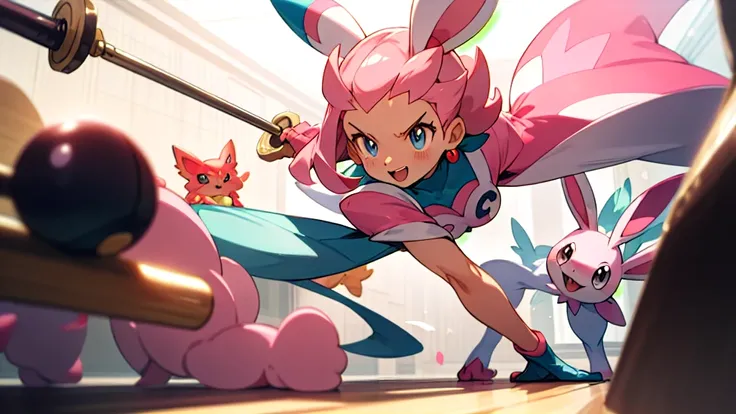 pokemons pink and white character with blue eyes and ears, pink iconic character, new pokemon, similar to pokemon, style of cute pokemon, bulbapedia, sylveon, mew, guggimon, yo ), by Ken Sugimori, cute mouse pokemon, weird pokemon, inspired by Kanbun Maste...