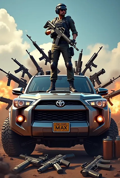 Free fire max on a suv cars desktop wallpaper 
His background many defferent guns and weapons 