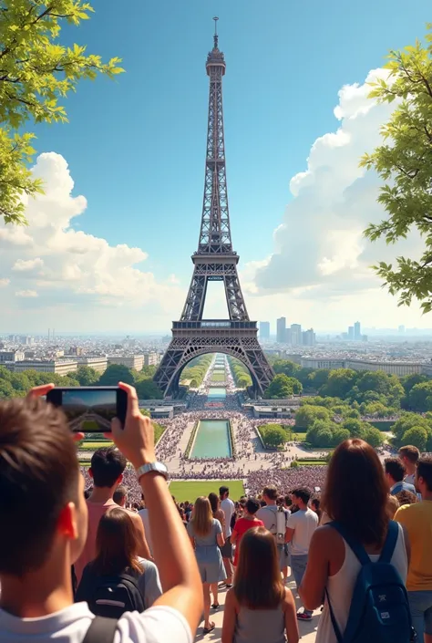 Tourists from around the world taking selfies and enjoying the view from the base of the Eiffel Tower, with Paris stretching out in the background, under a bright, sunny sky."