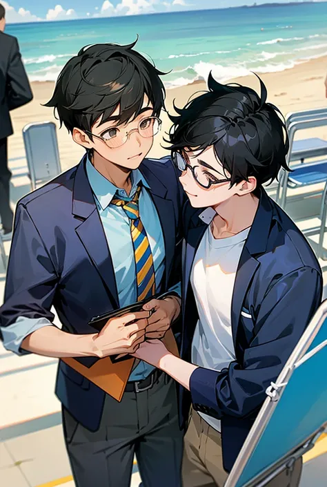 Glasses, male high school student, black hair, gay couple, school building, classmate, beach