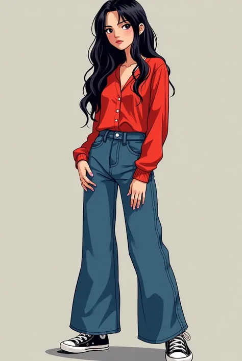 A girl hight with56 red colour top with blue denim wide leg jeans long layer cutting black hair black eyes and with black and white colour block high top shoes skin colour fair