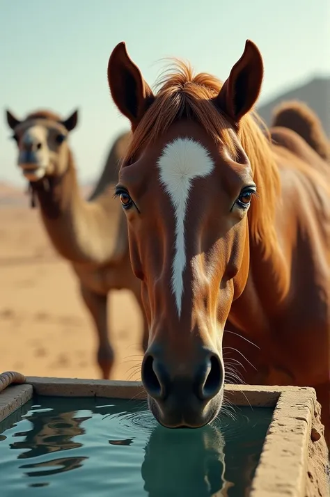  The horse looking thirsty with exaggerated wide eyes, while the camel stands calmly nearby, a water trough in the foreground, emphasizing the horse’s predicament.


