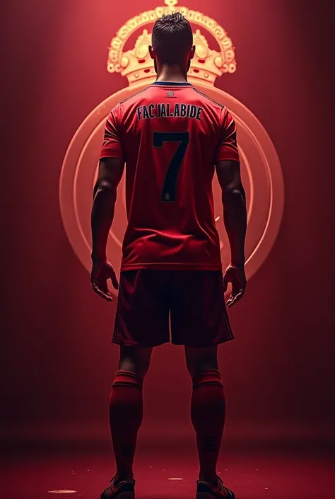 Make a Ronaldo from backside with the red wine background or real madrid logo write the name on shirt (facia.abide) and shirt no 7