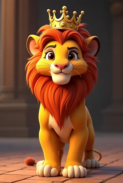 CREATE A PIXAR STYLE, 4K, ultra detaild, A young lion standing upright on two legs like a human, with a proud expression and a golden crown placed on its head. Its mane is in vibrant orange tones, creating a dramatic and regal effect. The lion’s large, Dis...