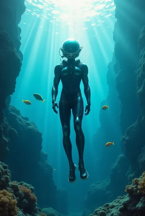 A man in a diving suit enters the sea