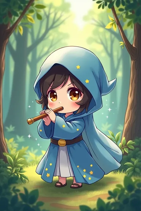 (anime chibi) Gardienne de la forêt, vêtu dun voile tel une musulmane, tenu de daventuriere simple bleu et parsemé détoiles, cheveux brun foncé, yeux marrons, peau clair, tenu dans le style joueuse de flute, avec une flute à la main