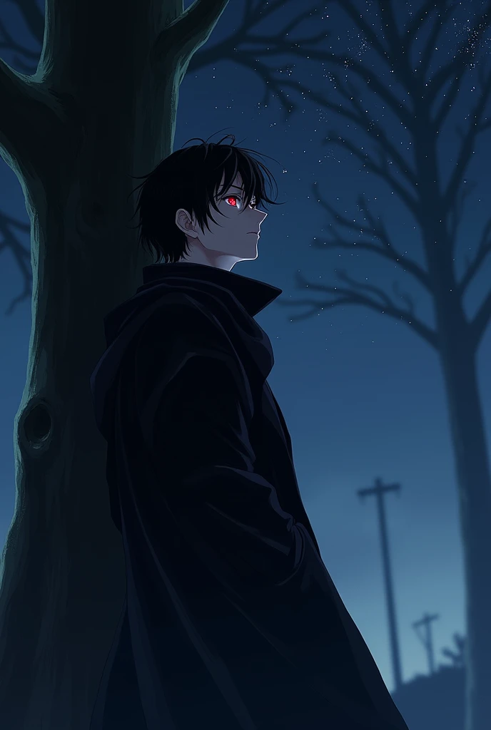 Anime picture of Yami, a young man, 190 cm tall, with black hair tied back with some strands in the front, red eyes, a slightly lazy personality, wearing a black jacket with a long black coat, leaning against a tree and looking at the stars with a cold loo...