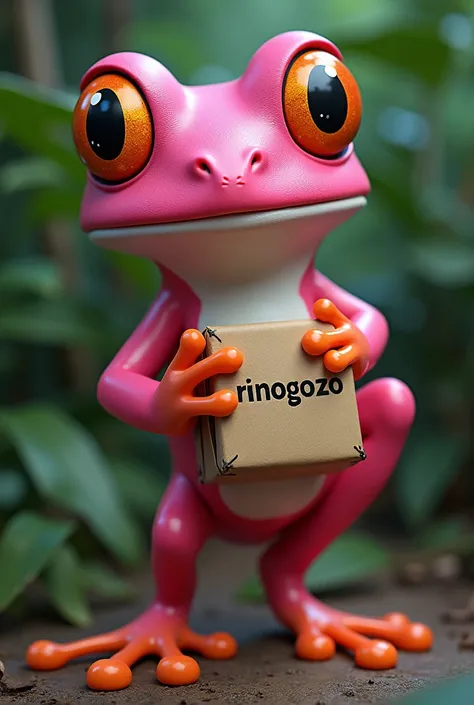 pink tree frog with one hand on its waist and a package of rhinosorum in the other hand, with the word "rinogozo" written on the package