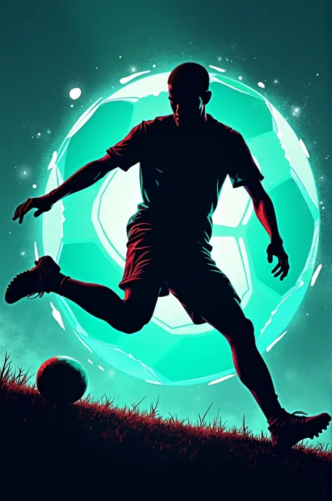 Dynamic Football Player Silhouette: A silhouette of a football player mid-kick, with exaggerated motion lines to indicate speed and action. The player is positioned in front of a bold, graphic football. The background features vibrant colors like electric ...