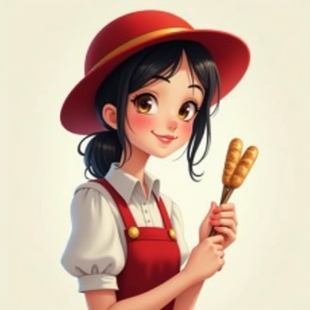 Russian girl is cheerful, Professional waist-up photo , in a dress and a red hat with wide brim, round head, Dark hair, sweet smile, looks directly at the viewer, stands sideways and holds in her hand two small sticks for rolls, light background,round face...