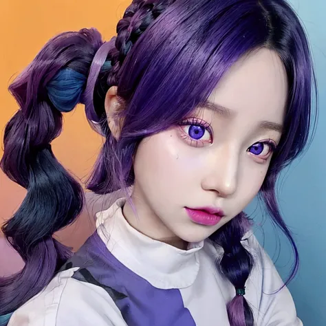 anime, Kpop group, 5 members, girl 1 have short purple hair and purple blue eyes, girl 2 have orange ponytail and red yellow eyes, girl 3 have long black hair and black eyes, girl 4 have curly sky blue hair and sky blue emerald eyes, girl 5 have white brai...