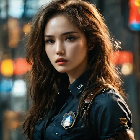 1girl, Solo, long hair, brown hair, police uniform, sleevless shirt, korean woman, 2, portrait, straight hair, jeans, leather wrist watch, full body