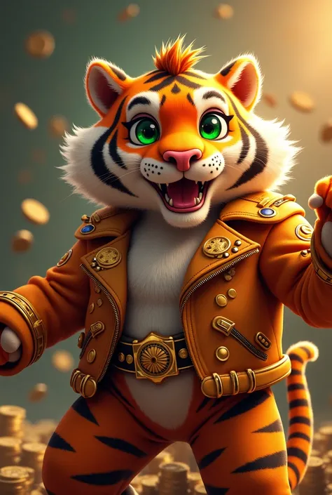 "A vibrant character inspired by an anthropomorphic tiger, with a strong and striking color design. He has bright orange skin with striking black stripes., large, expressive emerald green eyes, and a confident smile that exudes luck and charisma. The chara...