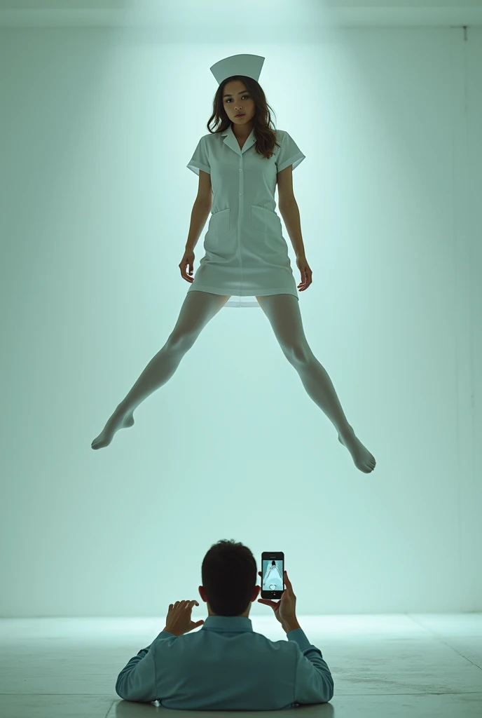 Scene of nurse in white pantyhose is spred legs, hanged ,hovering in the air , a man laying on the ground and take a photograph by mobile phone, highest quality, distinct_image, Bright sharp, sharp, Strong contrast