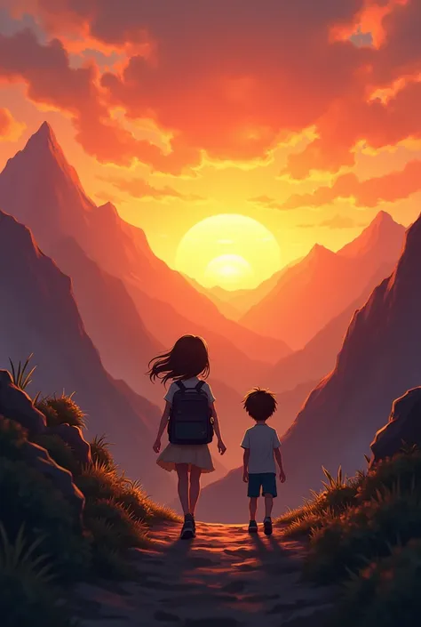 Two separate girl and boy , in front of sunset, going in different direction in the mountain