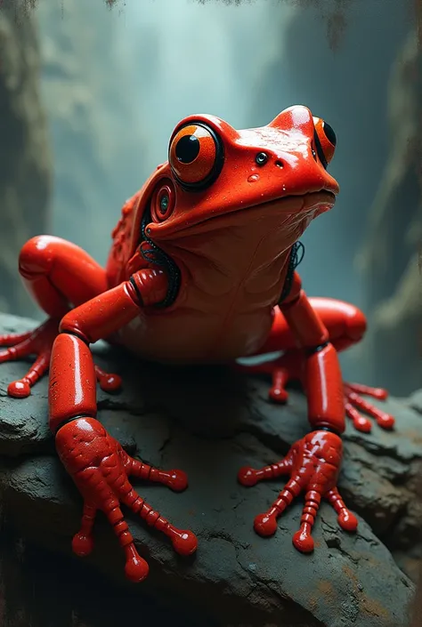 A full body portrait of a red frog with exotic alien features and robotic enhancements in a desaturated style, with a mysterious background, inspired by artists like Tim Hildebrandt, Wayne Barlowe, Bruce Pennington, Donato Giancola, and Larry Elmore. The m...