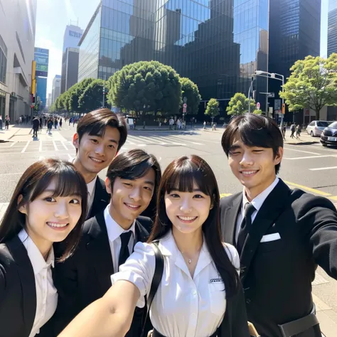 (A selfie photo of three Japanese worker), (all 20-years-old), ((men and women)), (standing closely), (In the city), (morning), (All smiling), (All looking down at the viewer), best quality, masterpiece, (Wearing formal white office shirt), ((Double eyelid...