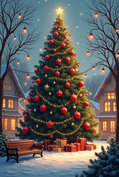 large tree decorated with red and gold baubles park bench decorated with lights Christmas town Christmas lanterns and gifts 