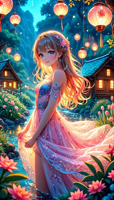 Anime Girl Beauty, ideal anatomy, Bright,  She is wearing a flowing, transparent light pink embroidery gown that looks like its made of delicate glass or crystal, adorned with intricate floral patterns and luminous beads and flying lantern that catch the l...