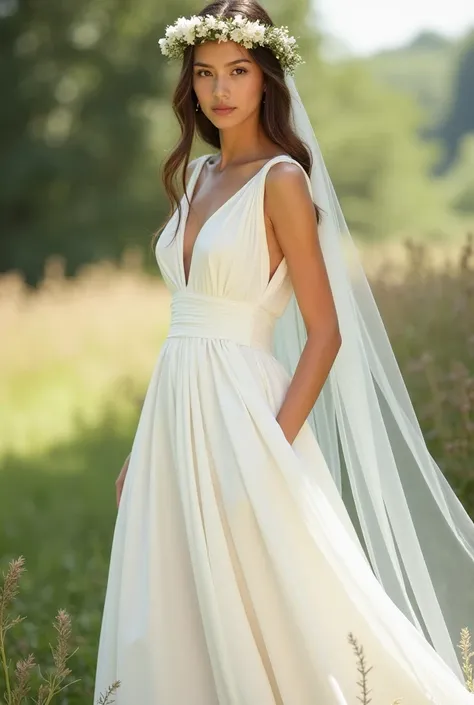 Design a white wedding dress with plain fabric with veil and wreath