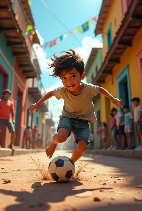 Boy plays soccer barefoot in Latin American neighborhood
