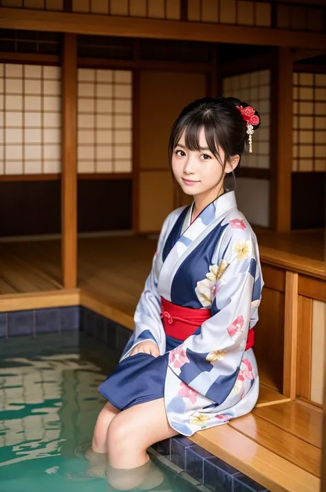 16k, best quality, extremely detailed, ultra quality, ultra highres, masterpiece, beautiful, Raw Photo, there is a woman sitting on a japanese onsen, in kimono, wearing a simple robe, high-end onsen, japanese style, japanese onsen, wearing simple robes, of...