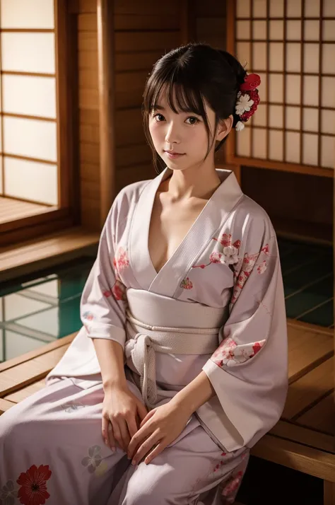 16k, best quality, extremely detailed, ultra quality, ultra highres, masterpiece, beautiful, Raw Photo, there is a woman sitting on a japanese onsen, in kimono, wearing a simple robe, high-end onsen, japanese style, japanese onsen, wearing simple robes, of...