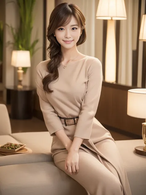 (Early autumn date), ((Feminine career woman style outfit:1.2)),
View the viewers, Japanese female university student, (One Woman:1.2), She is very beautiful, Glowing Skin, Perfect Face, Cute and symmetrical face, 
Light Brown Hair, Medium Hair, Wavy Hair,...