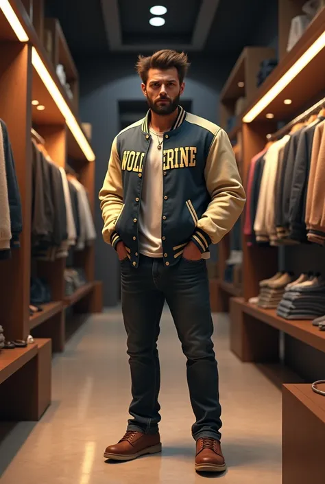 Detailed 3D scene in a trendy modern clothing store. Wolverine wearing his iconic costume is seen wearing a stylish varsity jacket with the capital letters wolverine on the chest., standing confidently with both hands in pockets. The menacing expression of...