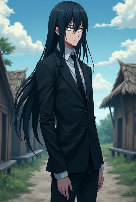 man, long black straight hair, white eyes, next to the huts,anime style,with a suitSolo, fringe, 