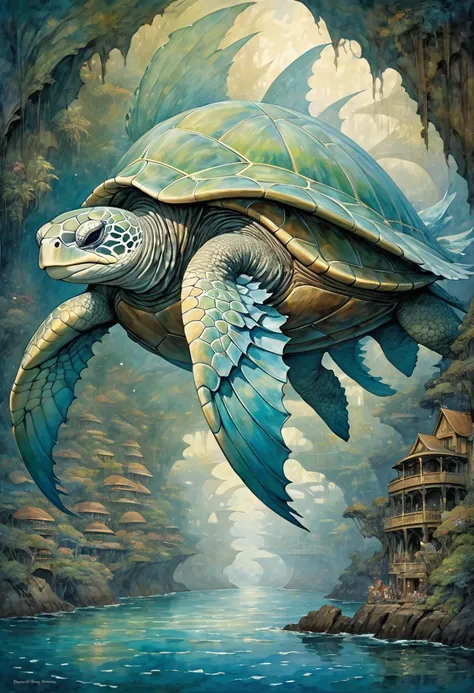 Brian Froud inspired enormous, fantastical creature that resembles a giant sea turtle, but on a massive scale, serving as a living airship. Its body is covered in soft, white feathers, and its head is adorned with elegant feather ridges that sweep backward...