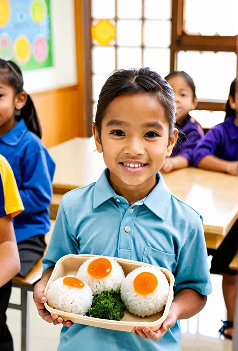 elementary school student holding rice ball lunch