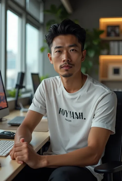 Handsome Asian man, Japanese, slim, 1, T-shirt, brand name, fashion, computer table

