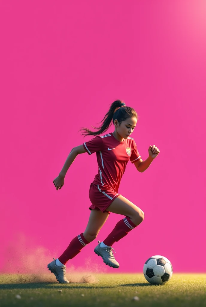 Girl playing soccer realistic pink background