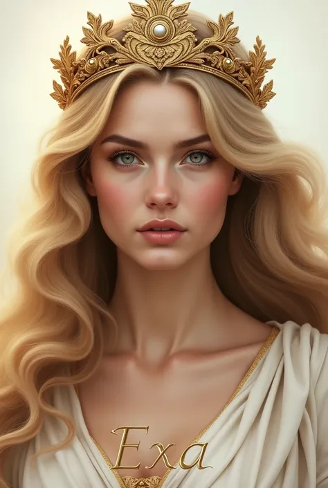 Create an image of the Greek Goddess Hera focusing on her face with the name EXBE below her face