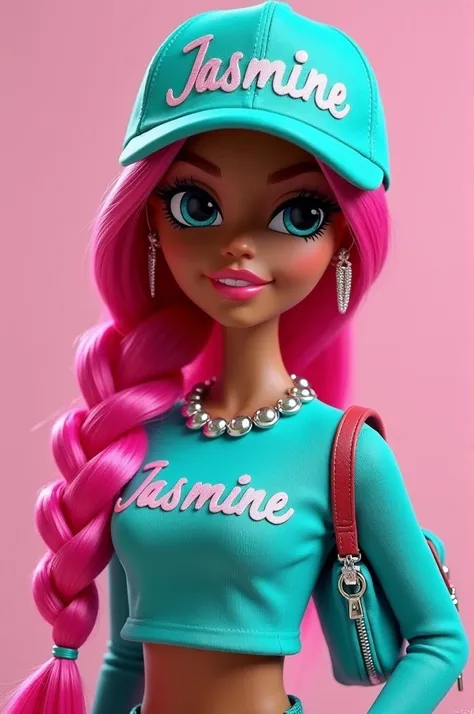 A bratz doll with pink hair with braids and brown skin, He is wearing a turquoise cap that has the word "Jasmine" and a TURQUOISE top that bears her name " Jasmine " and a sack on the shoulder.
The doll can be seen from the navel up