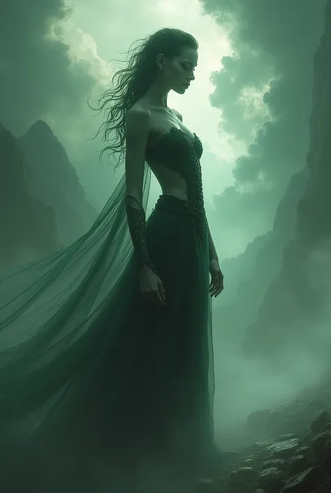 Hela daughter of loki, miracle and scary woman , on scary horrible nightmare scenery , slim fit Perfect body , Perfect waist, atrctive sight, skimpfy Organza clothers , lot od wind , 